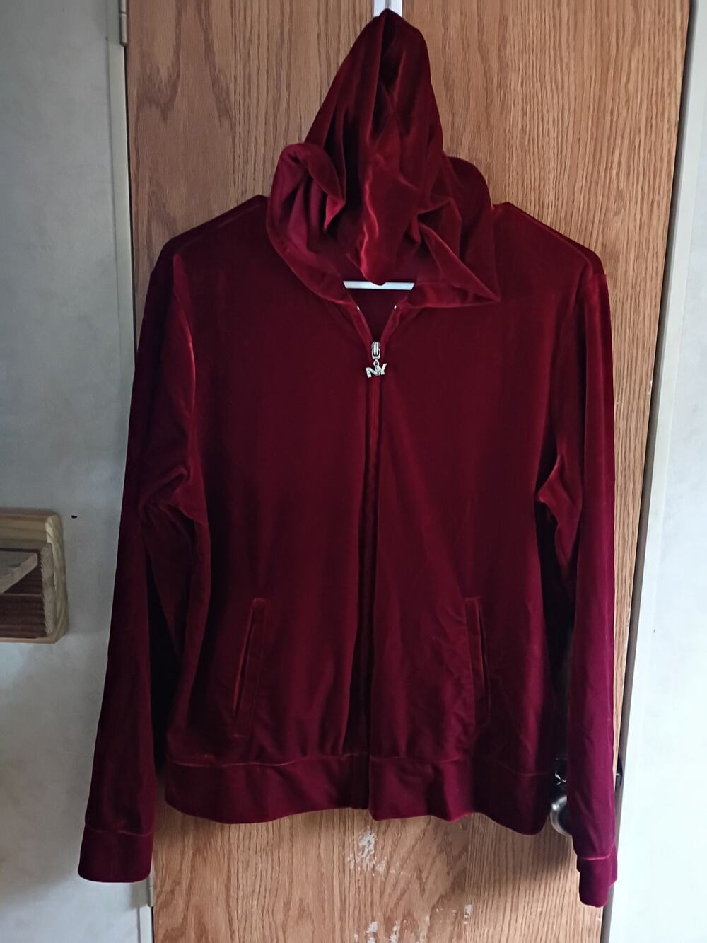 Vintage Y2K Burgundy Velour Zip Hoodie Track Jacket Casual Luxe Medium